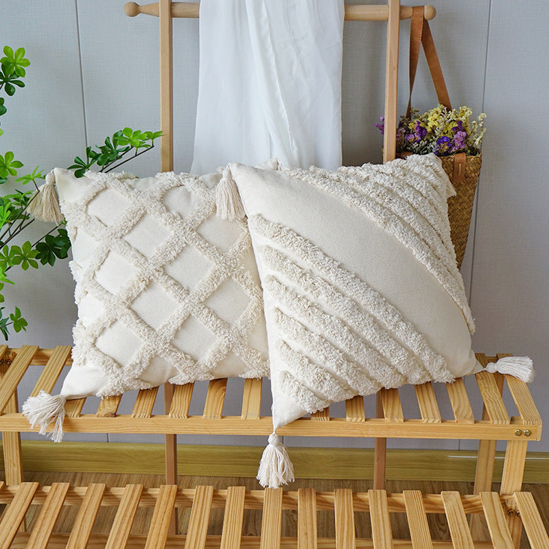 Wholesale Canvas Diamond Bohemian Tufted Fringed Throw Pillow Cover