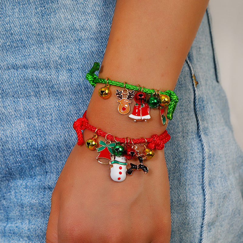 Wholesale Christmas Colorful Drawstring Santa Snowman Bell Pendant Bracelet