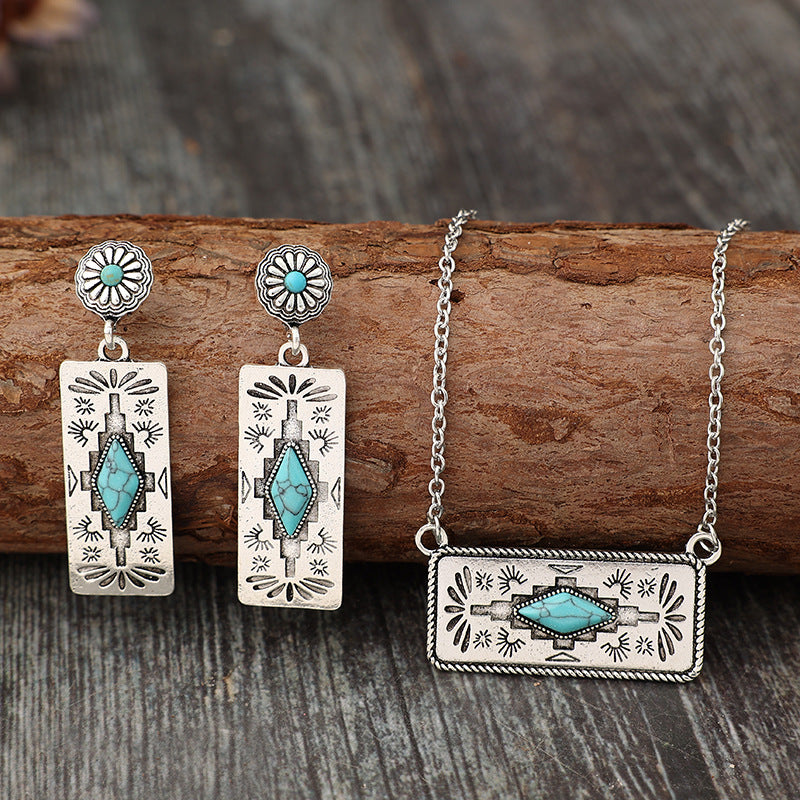 Wholesale Bohemian Retro Pumpkin Flower Splicing Geometric Turquoise Alloy Earrings Necklace Set