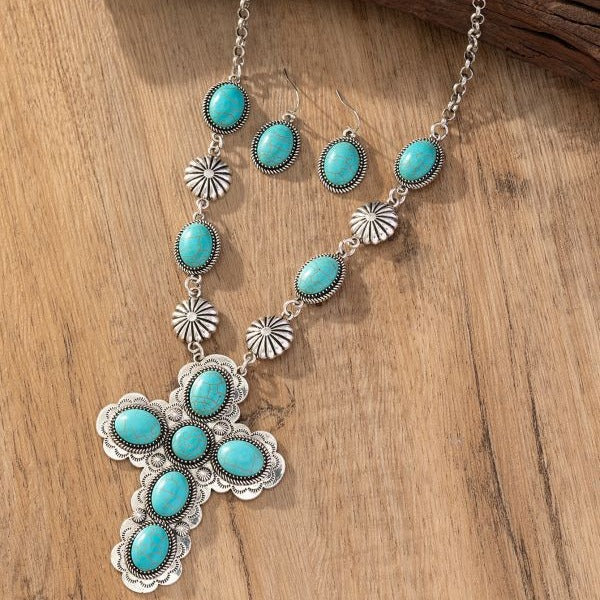 Wholesale Vintage Fashion Cross Turquoise Necklace Earrings