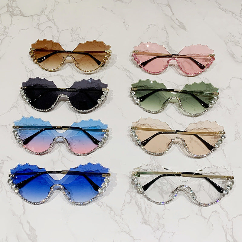 Wholesale Large frame diamond rhinestone special wave cut edge glasses