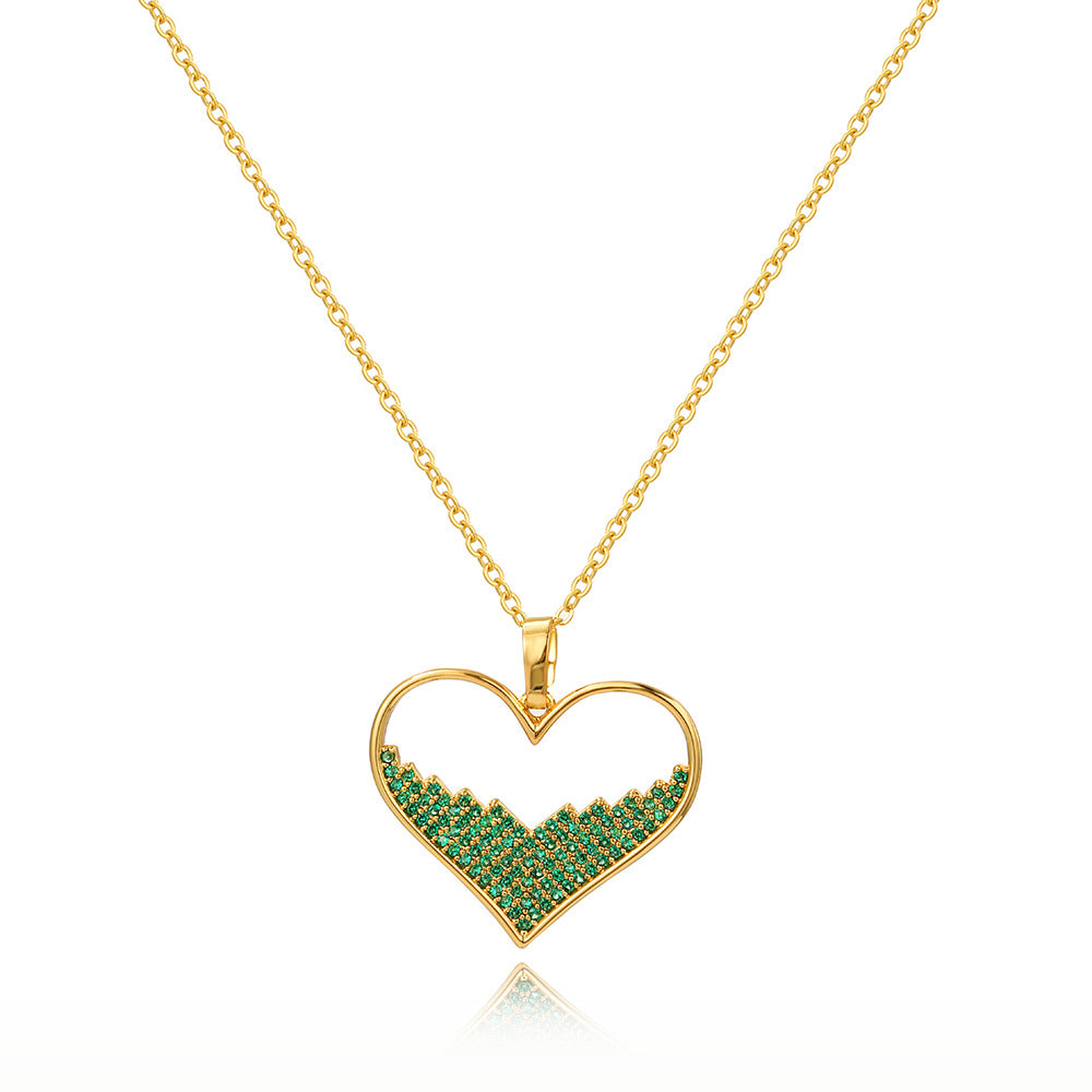 Wholesale 18K Gold Copper Micro Paved Emerald Love Heart Pendant Necklaces