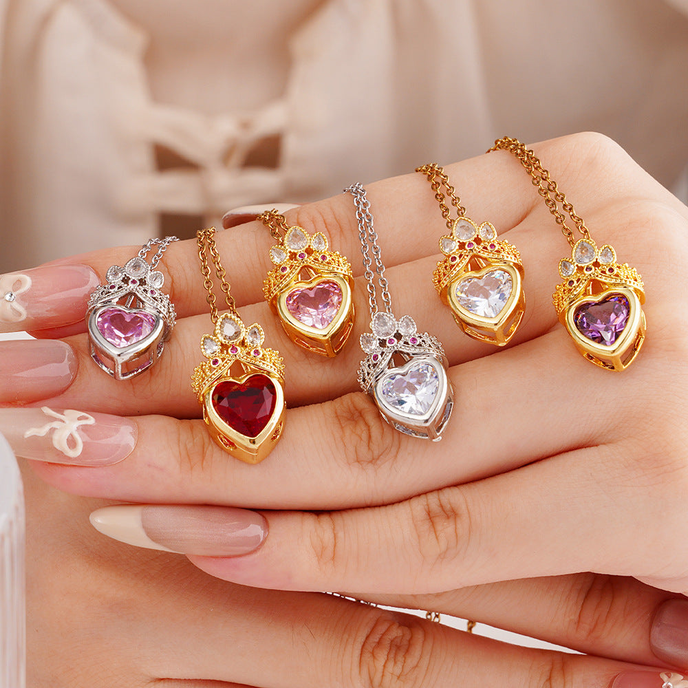 Wholesale Stainless Steel Clavicle Chain Pink Crown Love Necklace Light Luxury Accessories
