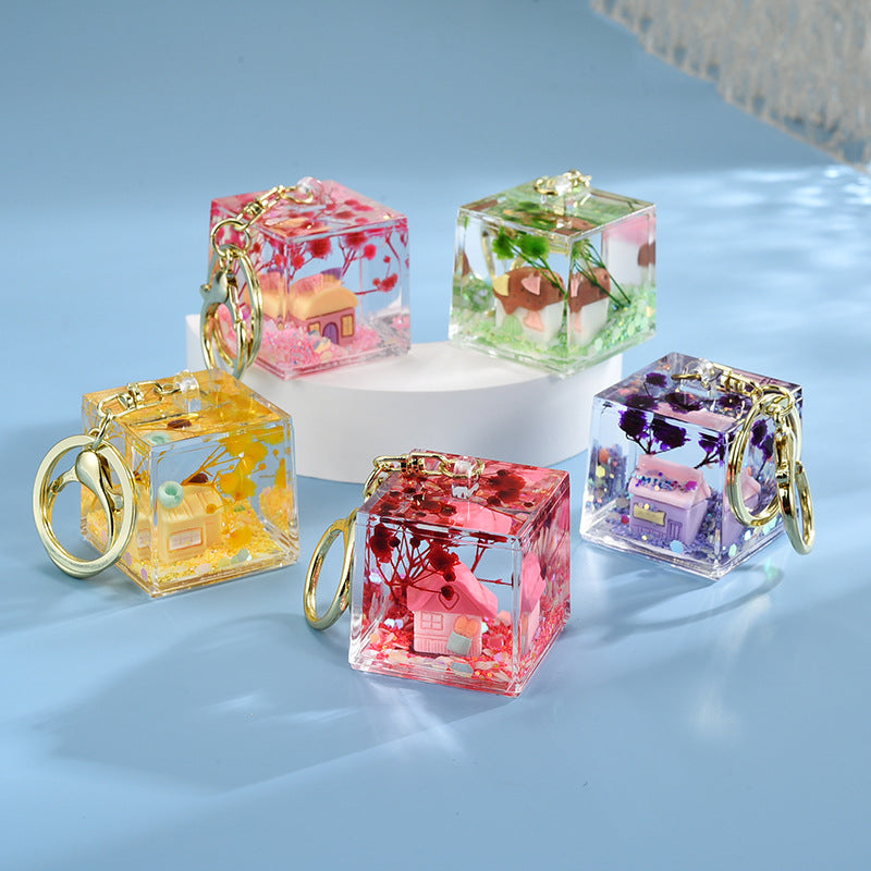 Wholesale Acrylic flowing sand in oil bottle keychain