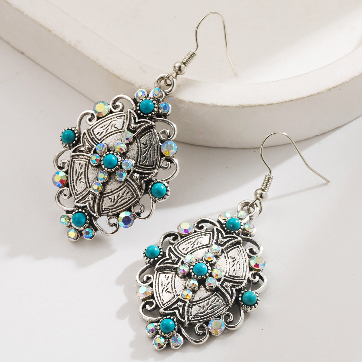 Wholesale Retro style inlaid turquoise earrings for women geometric cross earrings