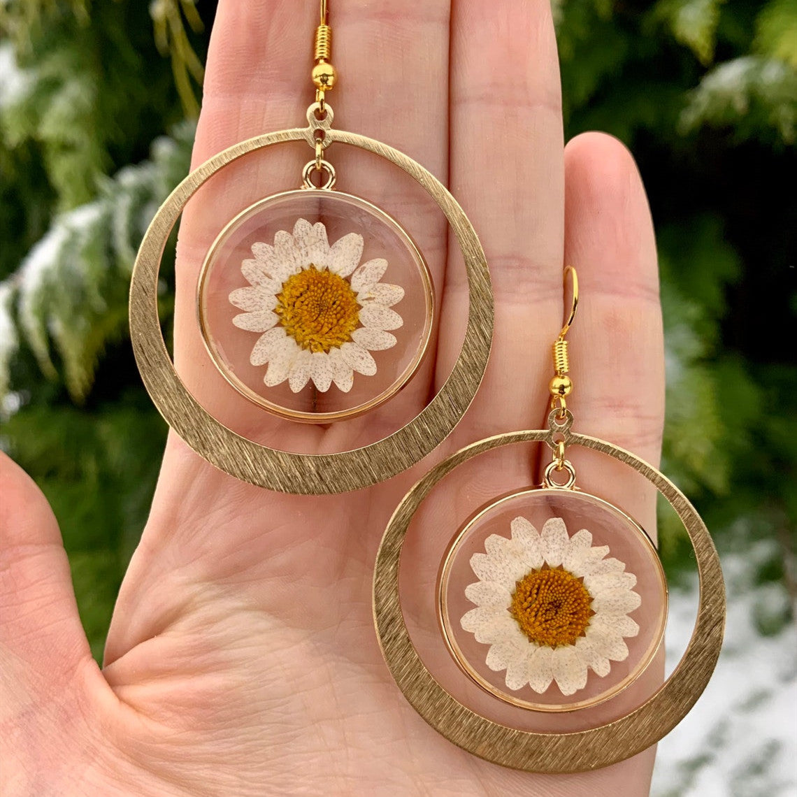 Wholesale Real Pressed Daisy Flower Gold Brass Earrings
