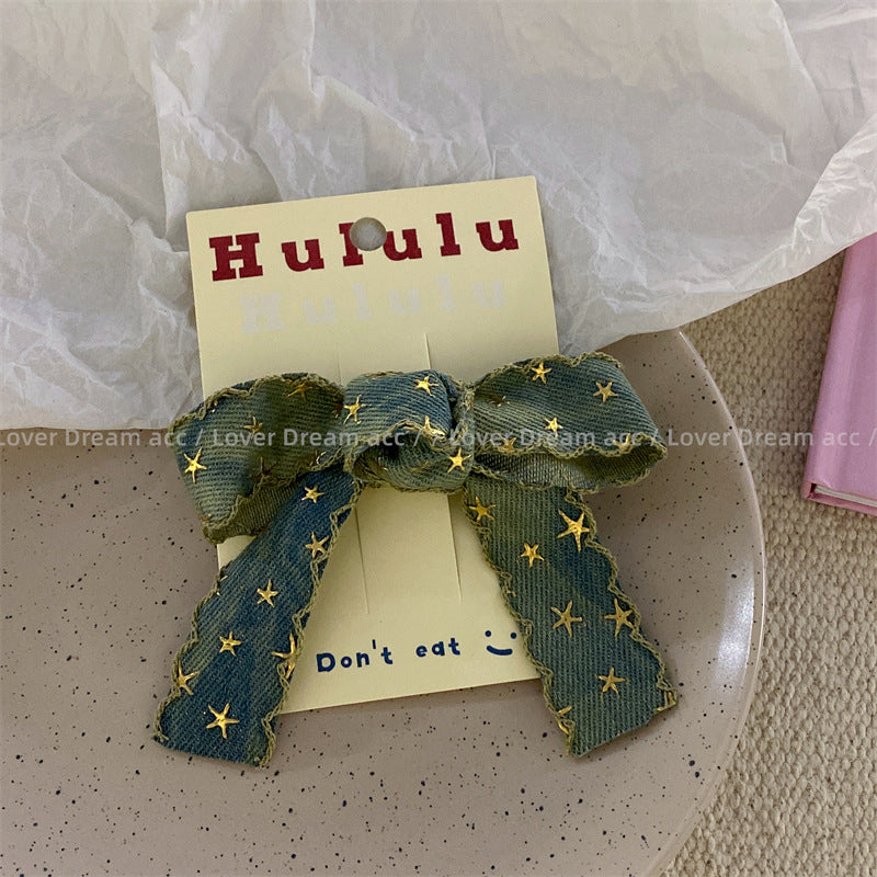 Wholesale Retro Star Denim Bow Fabric Hair Clips
