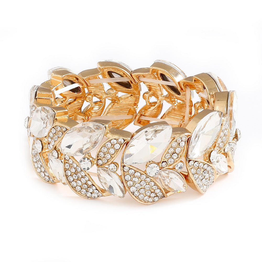 Wholesale Leaf Rhinestone Elastic Bangle Bracelet Golden White Alloy Jewelry Accessory Stylish Gift Boutique Resale