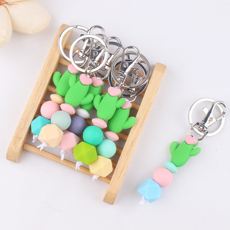 Wholesale Cartoon 3D Cactus Silicone Beaded Keychain