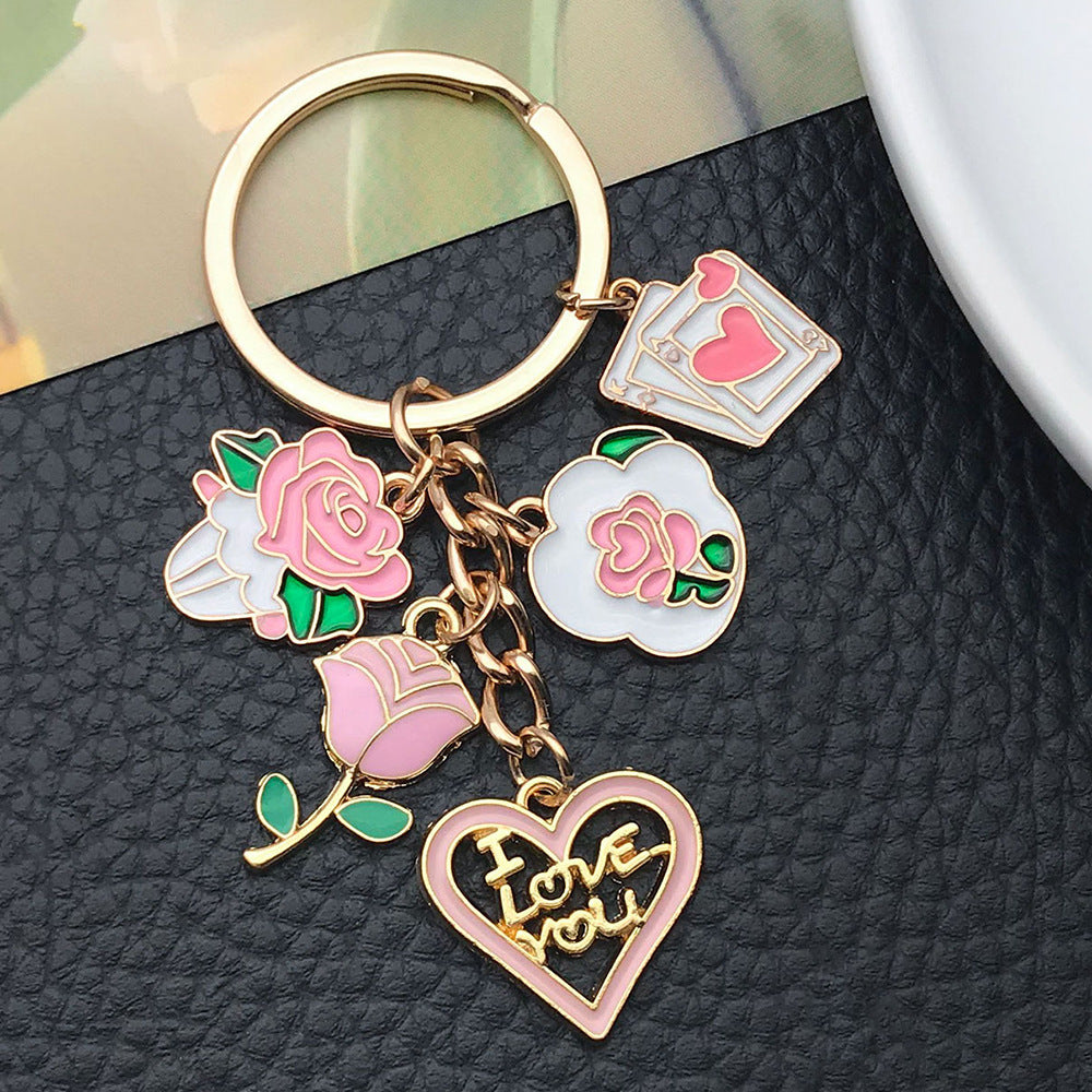 Wholesale White Pink Rose Love Card Metal Keychain