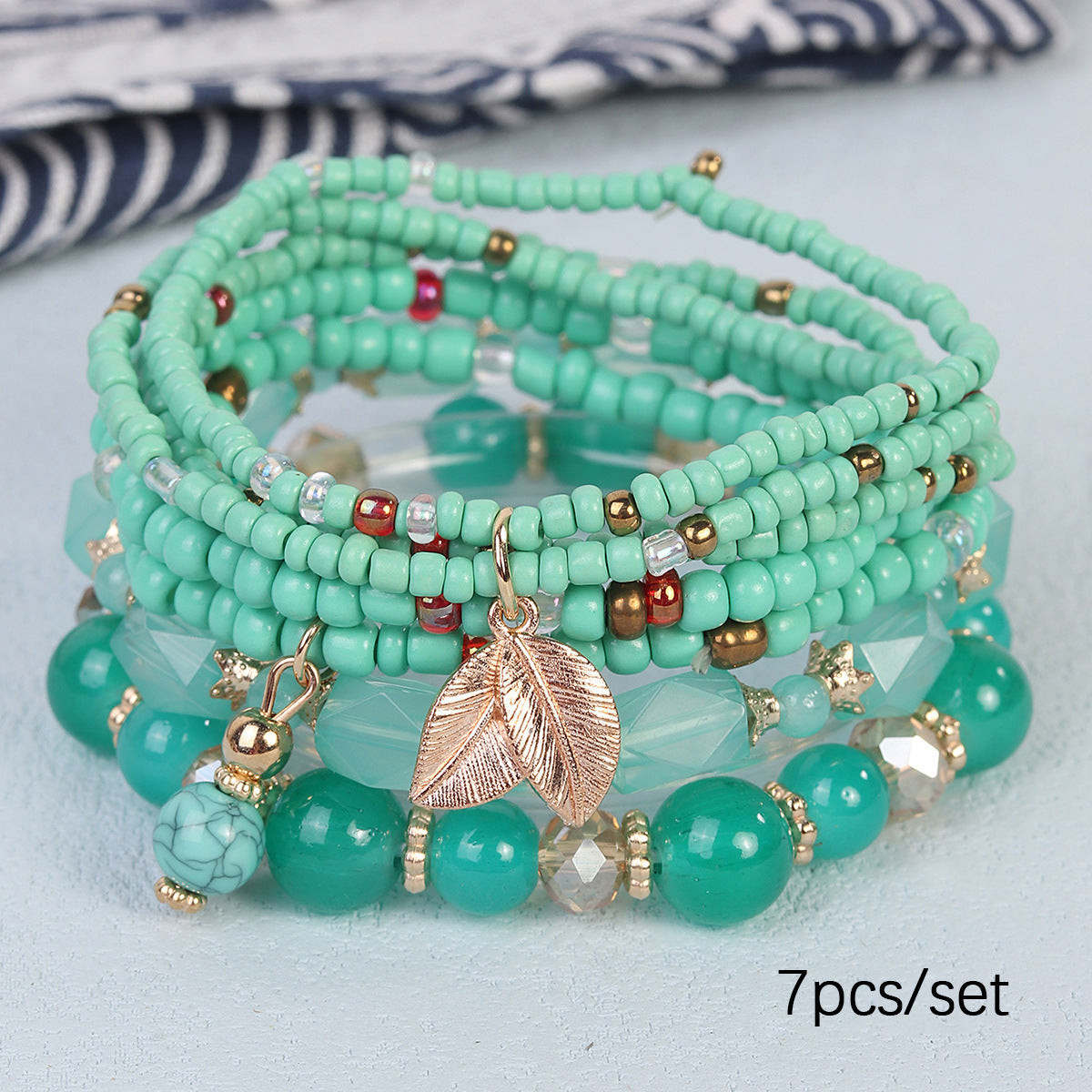 Wholesale  Bohemian Multi-Layered Beaded Leaf Pendant Bracelet