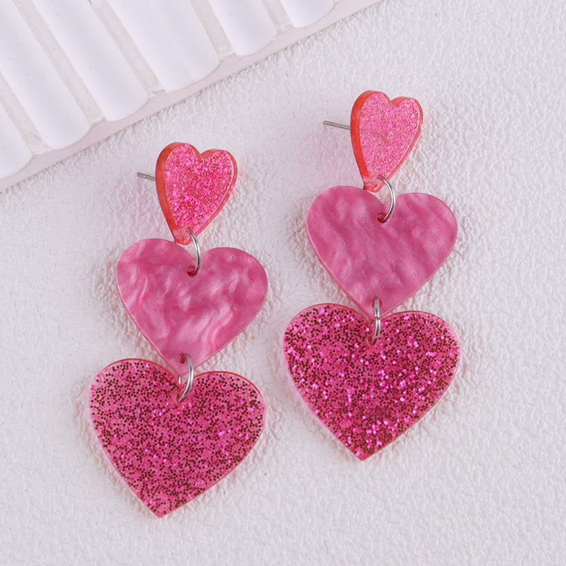 Wholesale Asymmetric long triple heart Acrylic Earrings