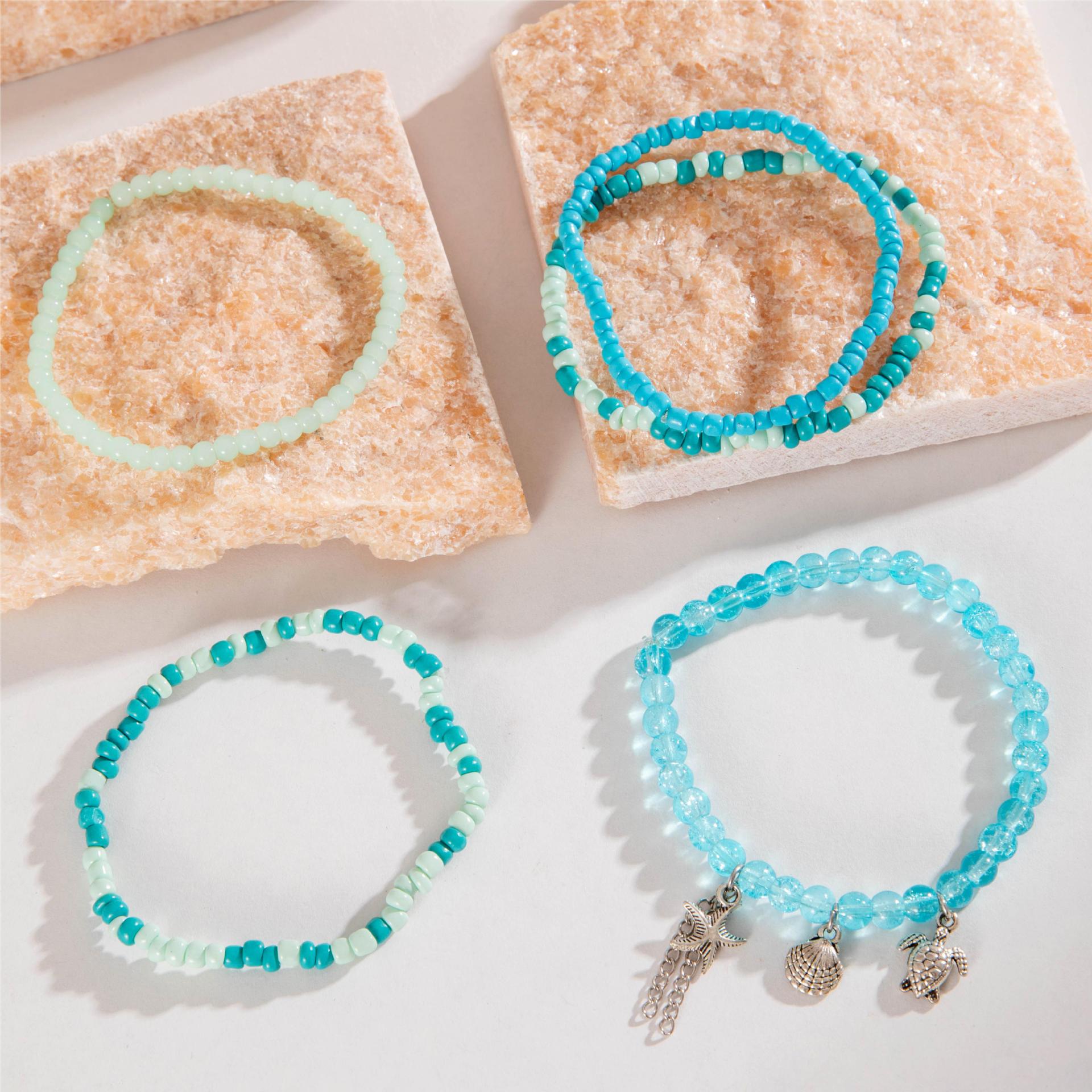 Wholesale Holiday style bohemian beaded stacking anklet starfish turtle shell pendant anklet five-piece set