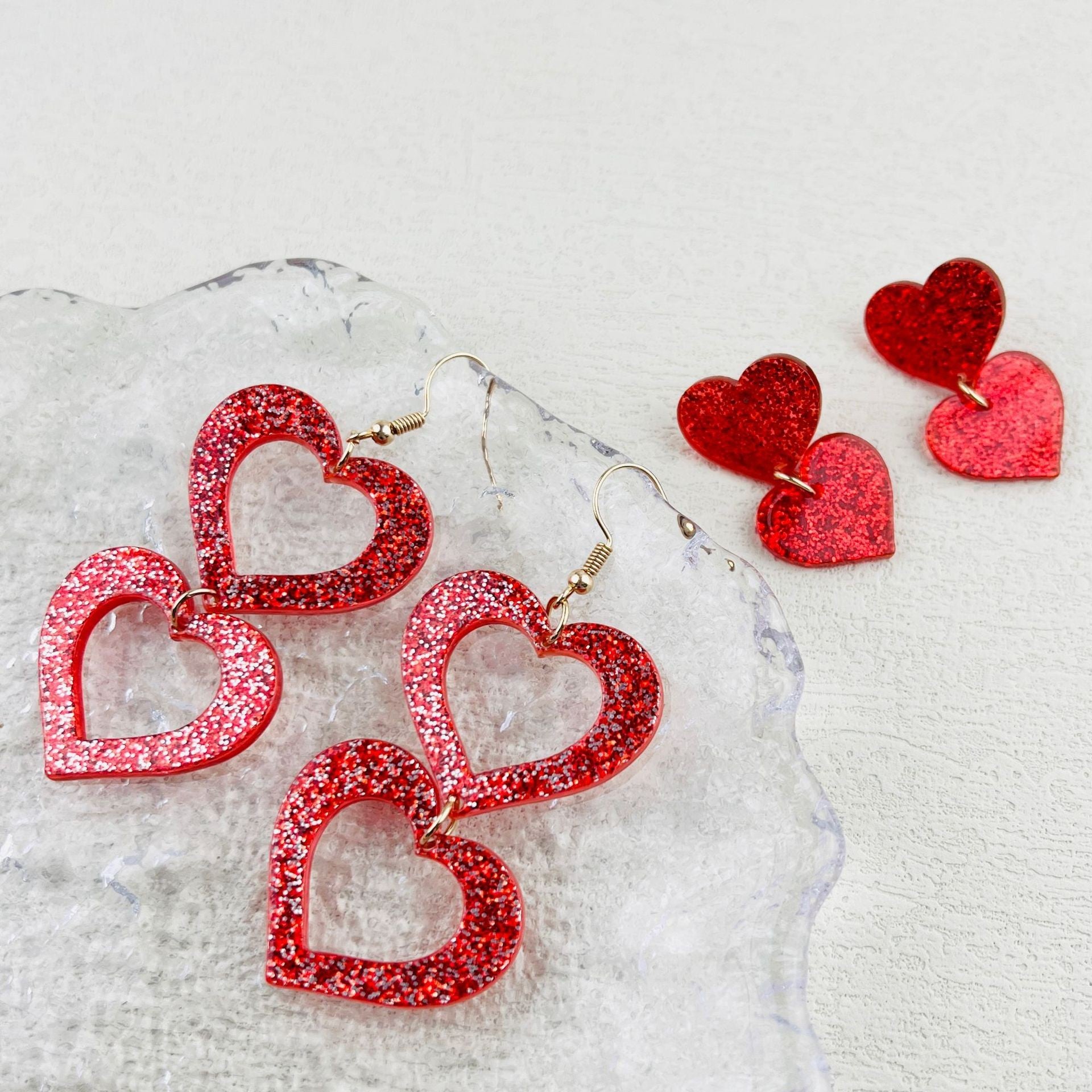Wholesale Valentine' s Day peach Heart Glitter Red Heart Acrylic Suit Earrings