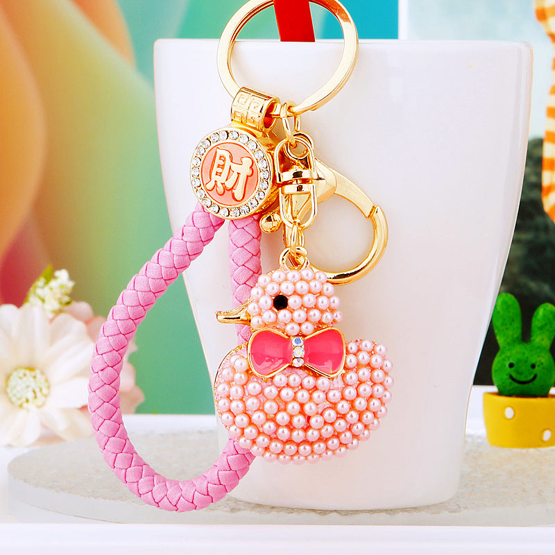 Wholesale Cute Crystal Studded Little Yellow Duck Car Keychain Bag Charm For Women Boutique Resale Decorative Accessory