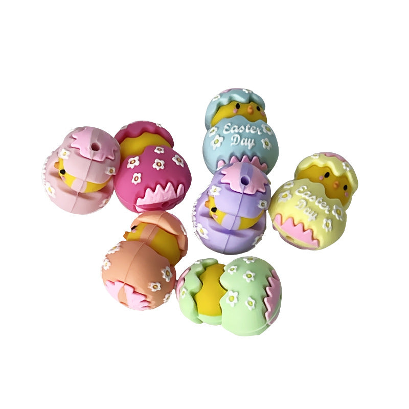 Wholesale 10pcs 3D DIY Eggshell Doll Easter Cartoon Pendant Silicone Focus Beads