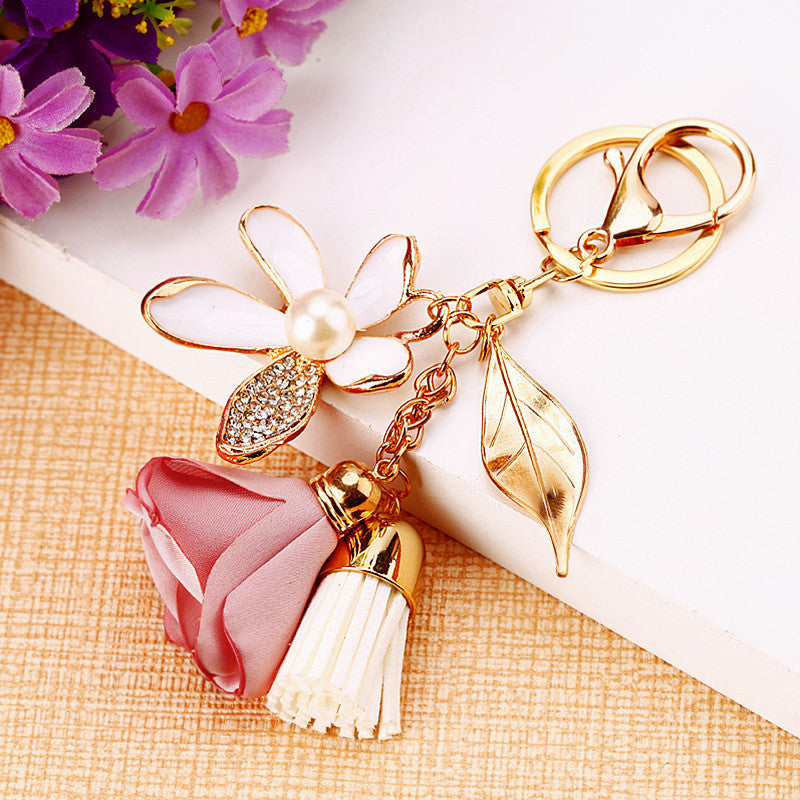 Wholesale Pink Four Leaf Clover Love Lock Keychain Rhinestone Inlaid Metal Car Key Ring Fashion Accessory Gift