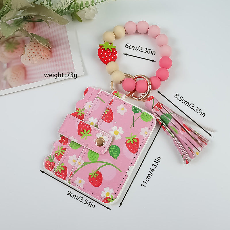 Wholesale Fruit Print Pu Card Holder Silicone Beaded Keychain Silicone Bead Bracelet