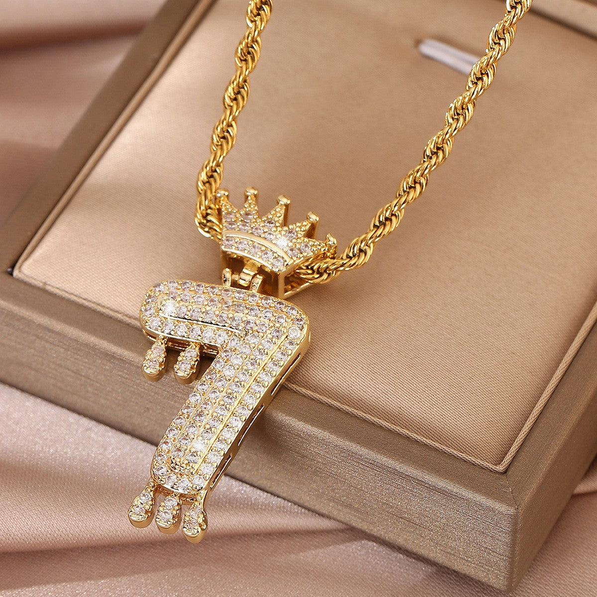 Wholesale Lucky Number Zircon Full Diamond Crown Pendant Necklace