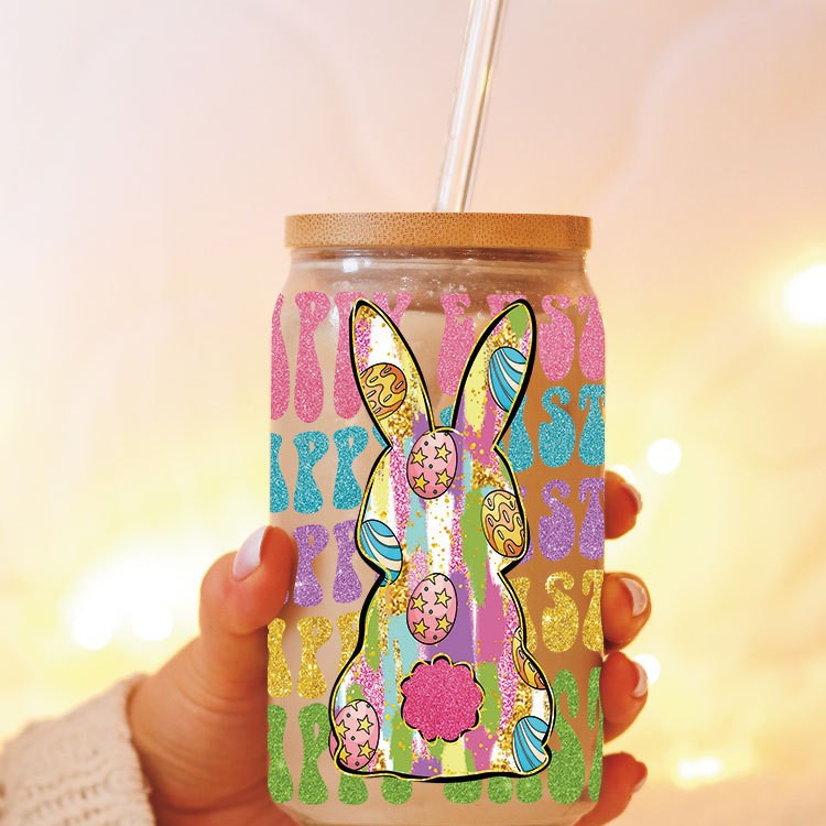 Wholesale Colorful Easter cartoon rabbit with letters 16oz Cup UV DTF Wraps
