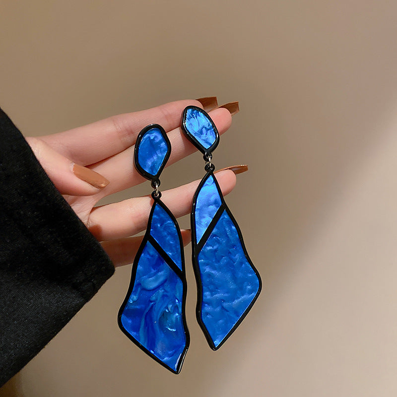 Wholesale Silver Needle Wrinkled Blue Irregular Metal Earrings