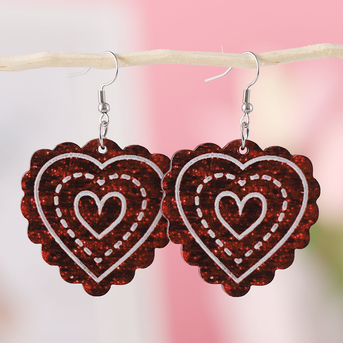 Wholesale Valentine's Day Sunflower Bow Red Love Pendant Wooden Double-sided Valentine's Day Earrings