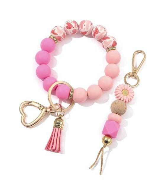 Wholesale 2 Pack Chic Silicone Bead Bracelet Keychain Set With Key Ring Handmade Fashion Accessory For Boutique Resale
