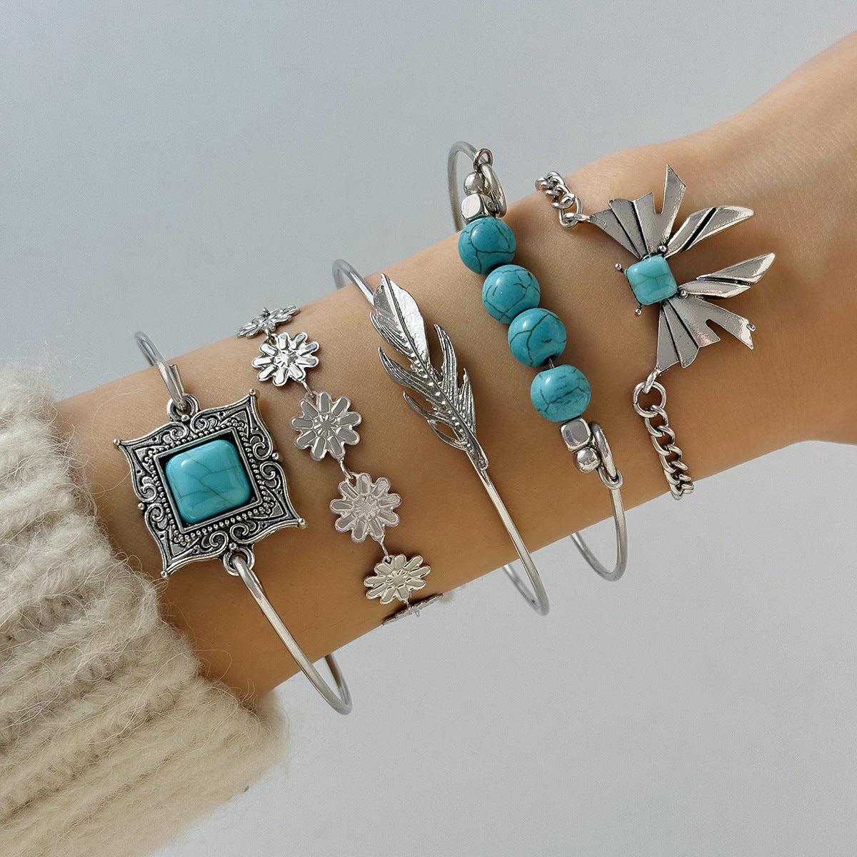 Wholesale Bohemian turquoise bracelet suit exaggerated butterfly turquoise bracelet multi-piece set