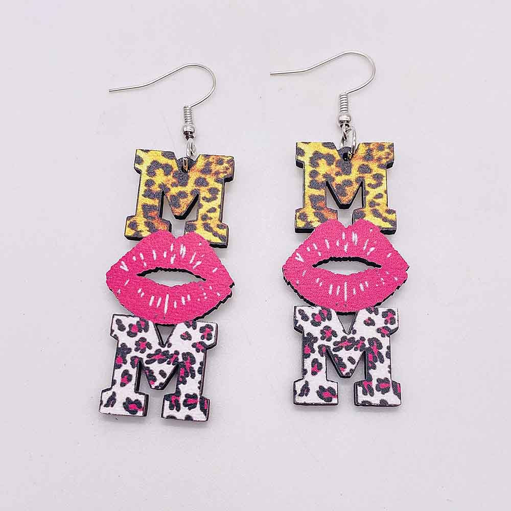 Wholesale Mother's Day MOM Leopard Pink Lip Print Wooden Earrings
