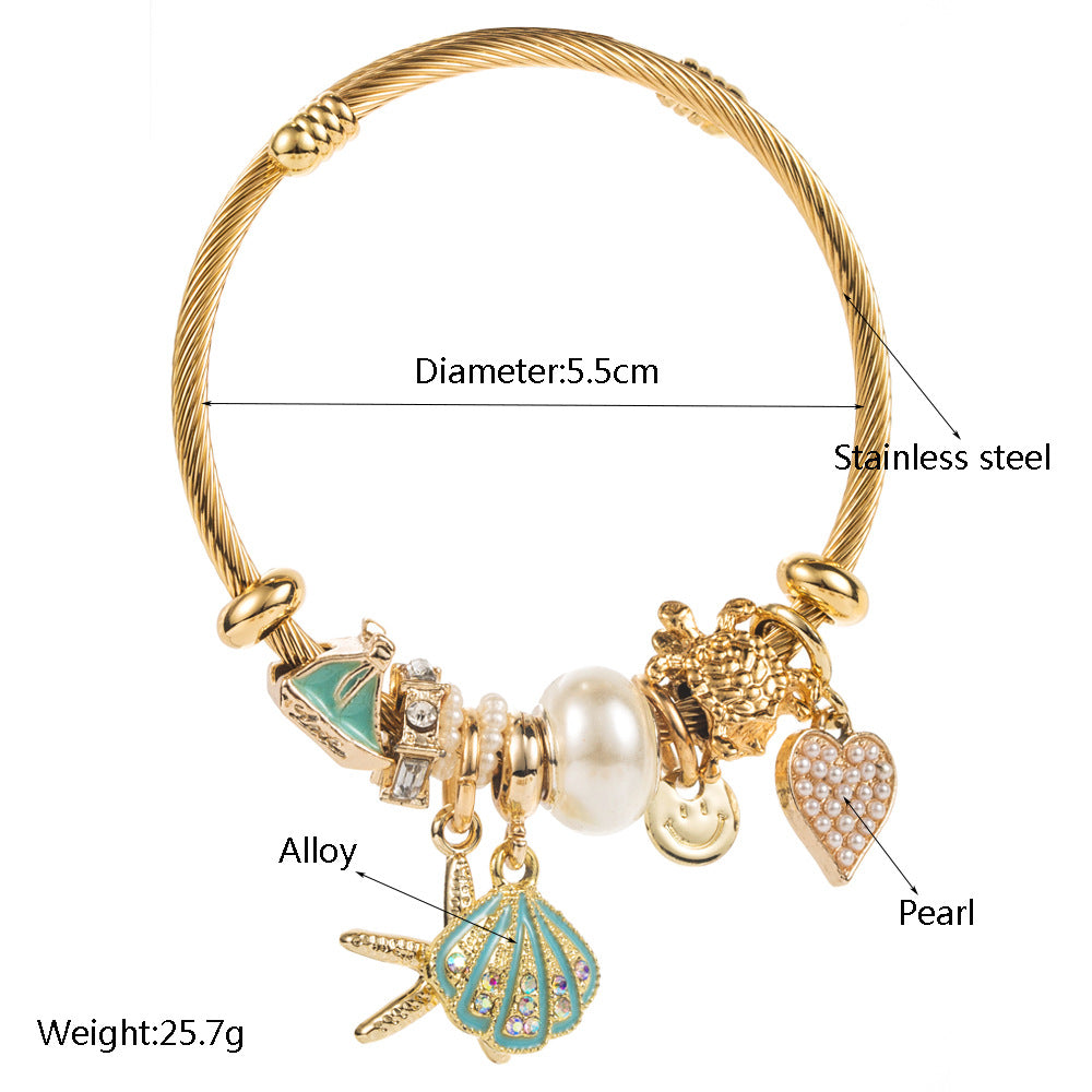 Wholesale Diamond studded starfish shell vacation style adjustable bracelet