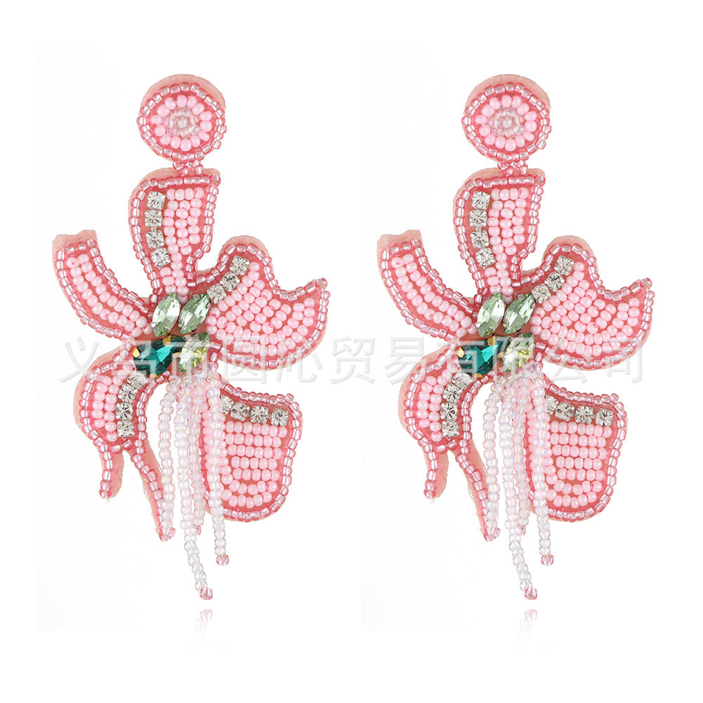Wholesale Bohemian Handmade Fabric Rice Beads Wine Bottle Flower Earrings
