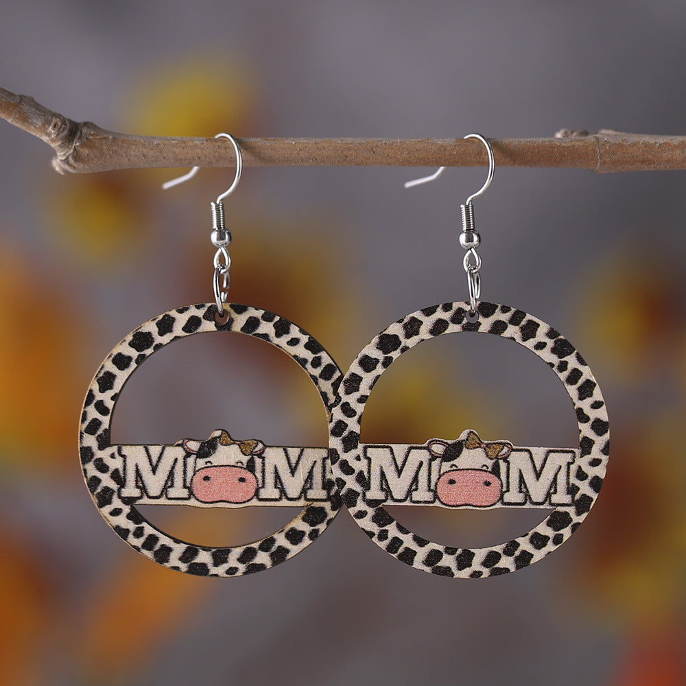 Wholesale Cow MOM Cow Pattern Double Sided Wooden Earrings