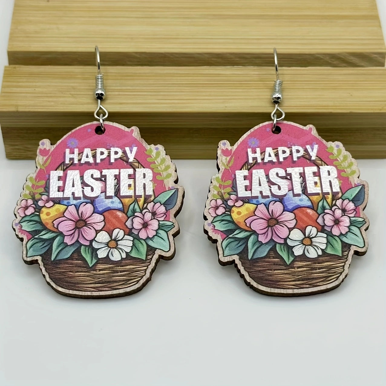 Wholesale Easter Flower Basket Rabbit Printed Easter Egg Earrings