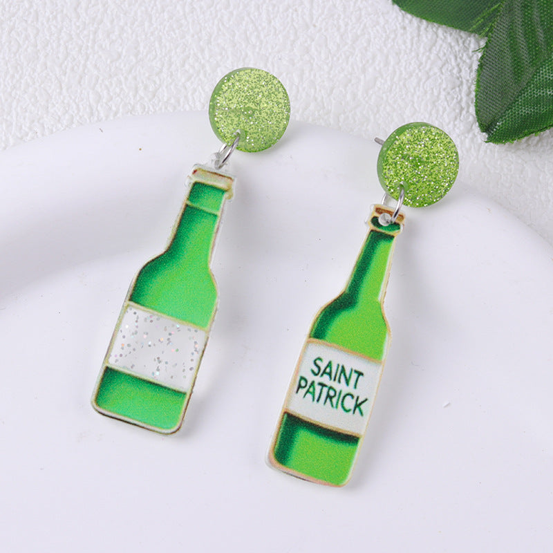 Wholesale St.  Patrick' s  Green AB Beer Acrylic  Clover Earrings