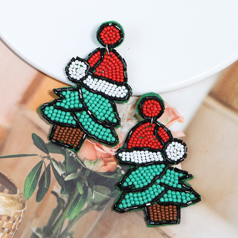 Wholesale DIY Handwoven Rice Beads Christmas Tree Christmas Plastic Hat Stud Earrings