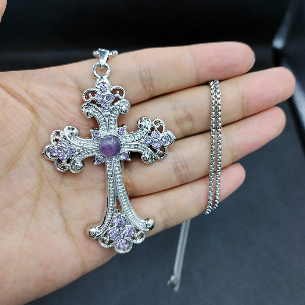 Wholesale Vintage Flash Diamond Turquoise Cross Large Necklace