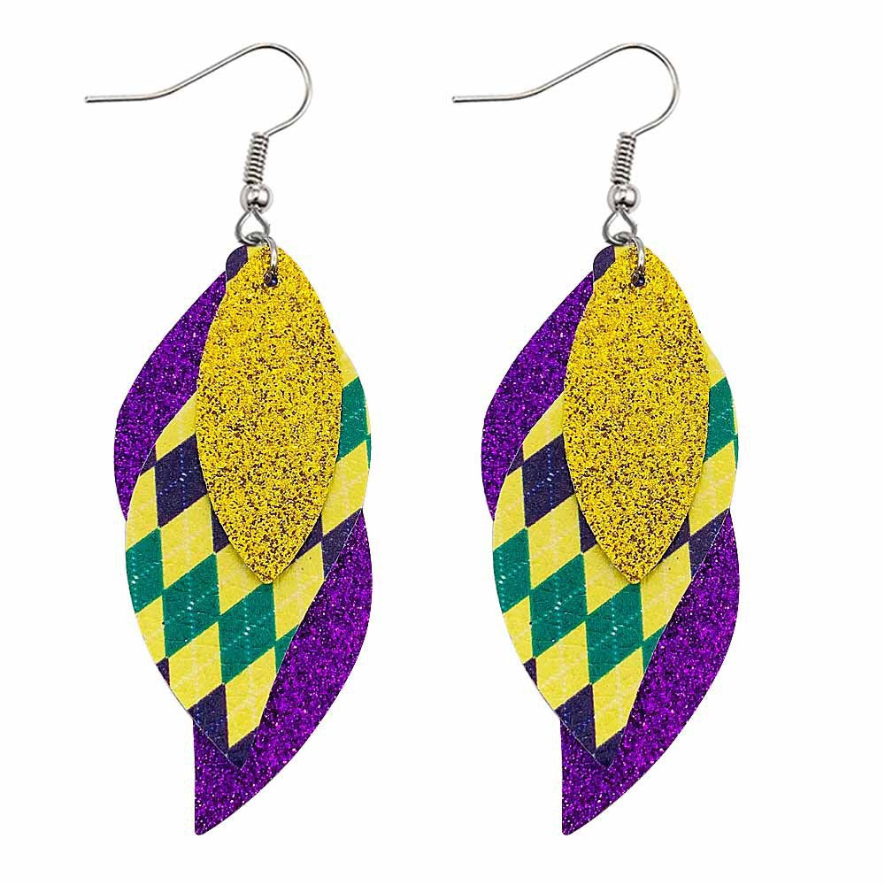 Wholesale Carnival Triple Leather Shiny Leaf Shape Bohemian Carnival Earrings