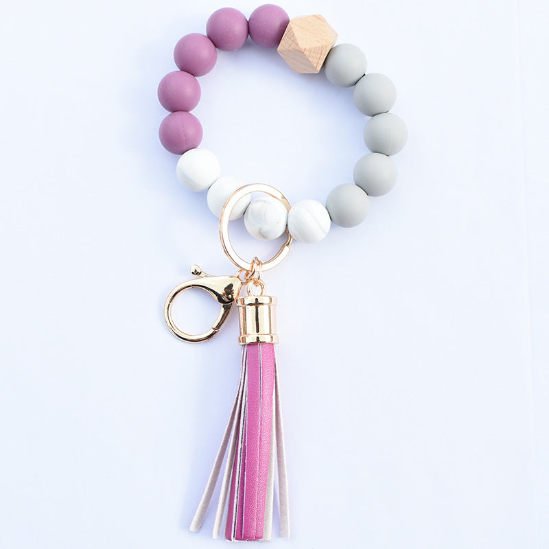 Wholesale Food Grade Silicone Beads Leather Tassel Wood Beads Bracelet Keychain