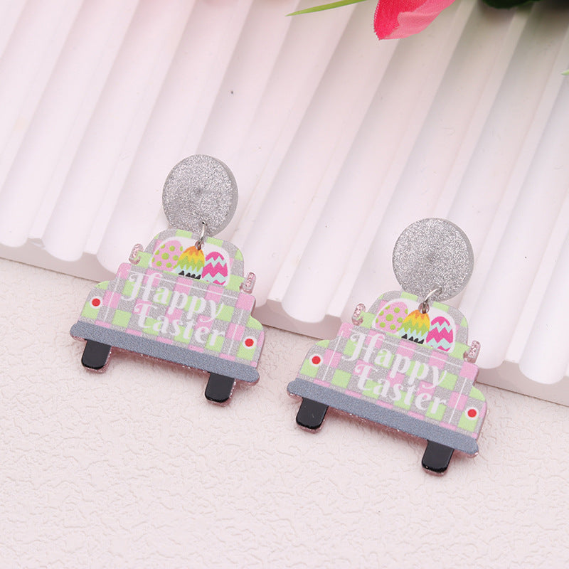 Wholesale Easter rabbit colored printed Easter egg acrylic earrings