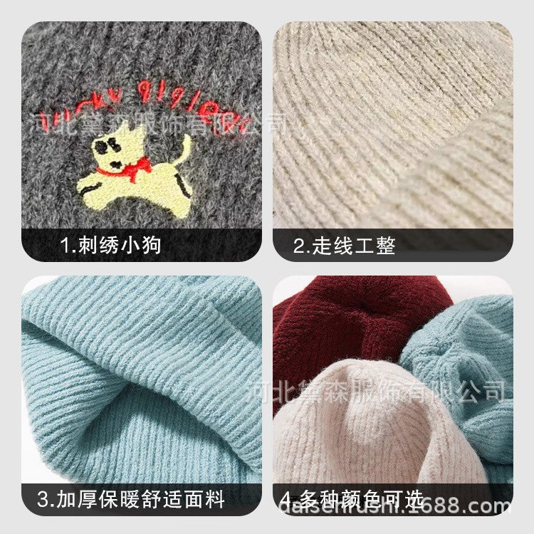 Wholesale Cute puppy embroidered warm woolen hat Beanie