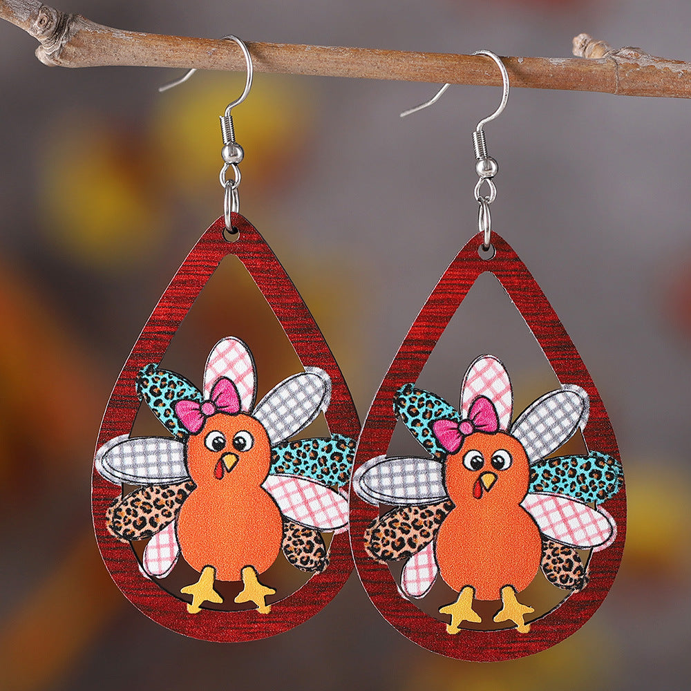 Thanksgiving Wooden Double-Sided Turkey Pendant Earrings