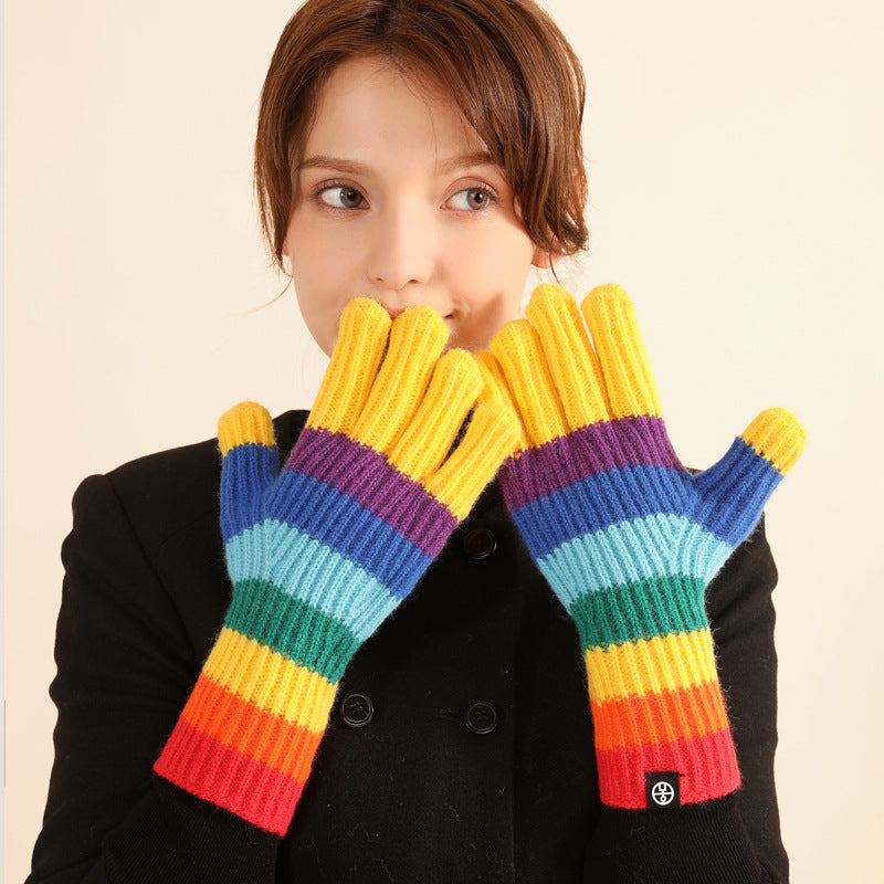 Wholesale Winter Rainbow Striped Knitted Fingerless Gloves Alpaca Warm Touch Screen Gloves