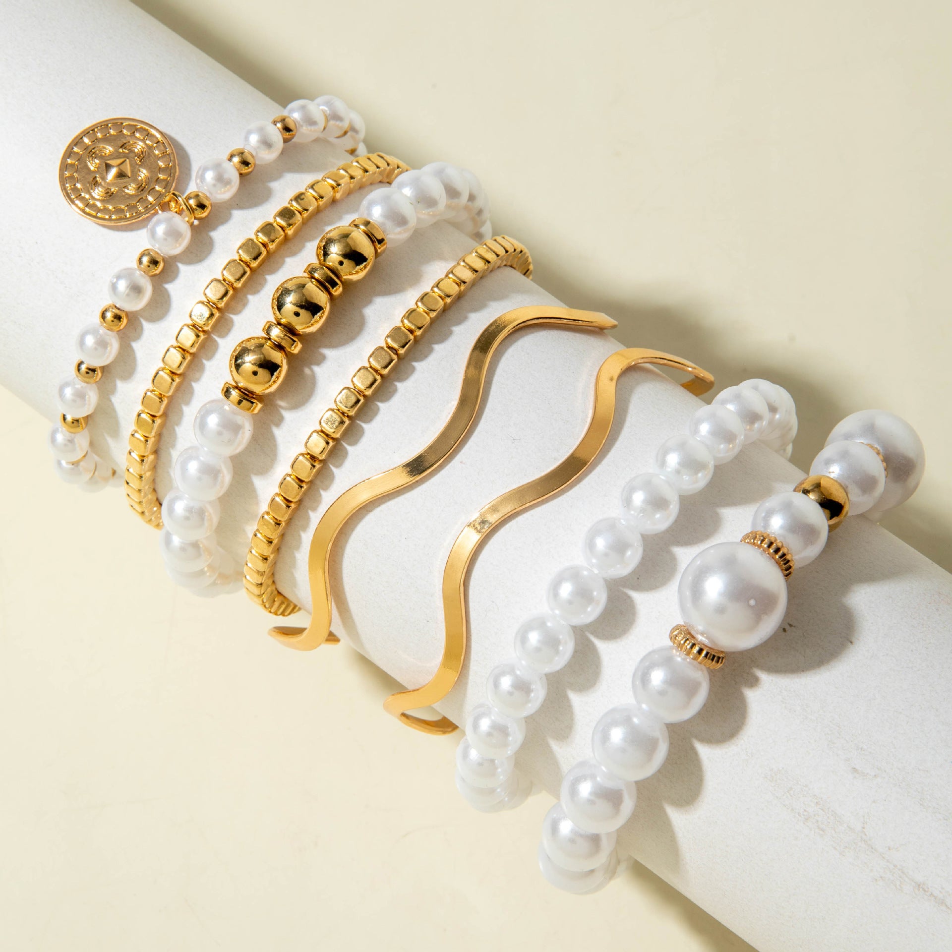 Wholesale Multi-layered Pearl Bracelet and  Bangle Layered Bracelet Set