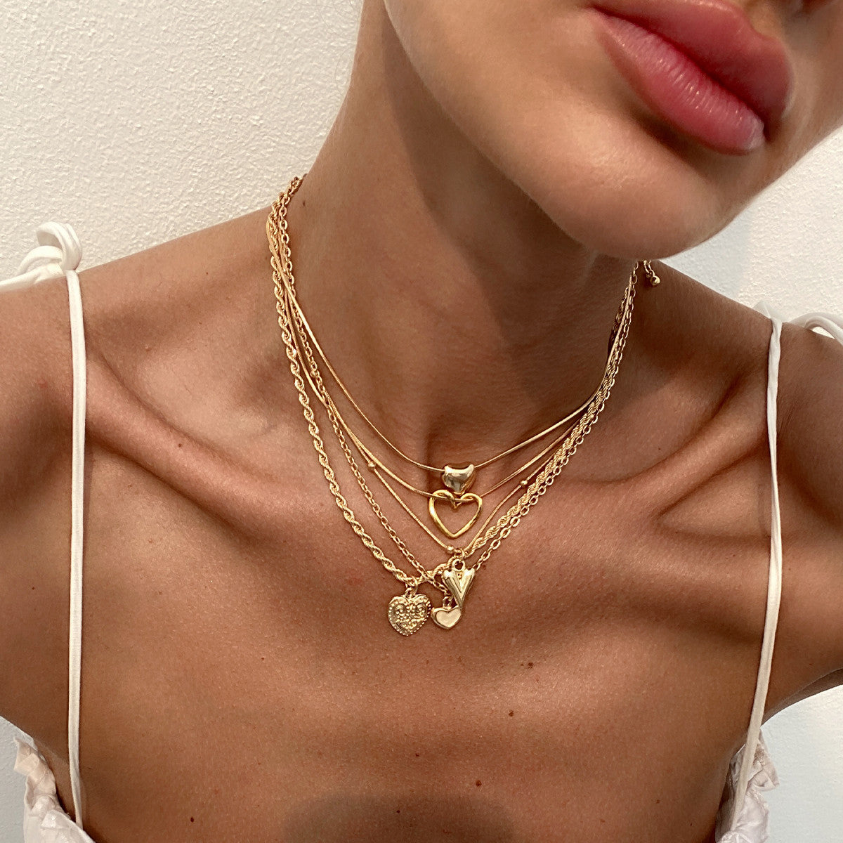 Wholesale Iron Chain Alloy Heart Pendant Layered Necklace