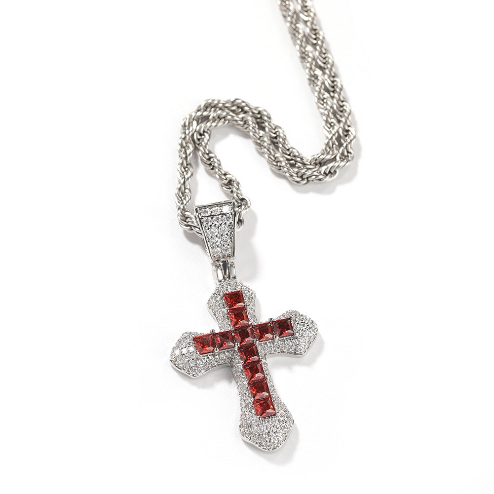 Wholesale Blue zircon colorful cross pendant men' s necklace