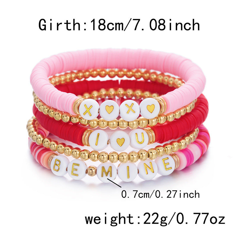Wholesale Love Soft Ceramic Valentine' s Day Pink Letter  Layered Bracelet Set
