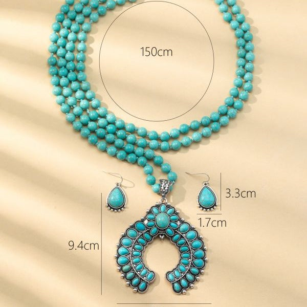 Wholesale Retro three-layer flower earrings turquoise earrings Western style exaggerated turquoise Buddha beads necklace jewelry set