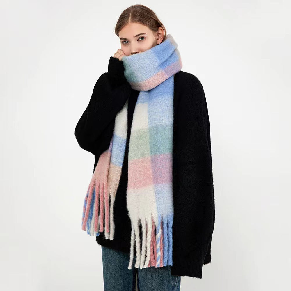 Wholesale Plaid Tassel Autumn/winter Rainbow Color Blocking and Contrasting Imitation Cashmere Warm and Thick Scarf