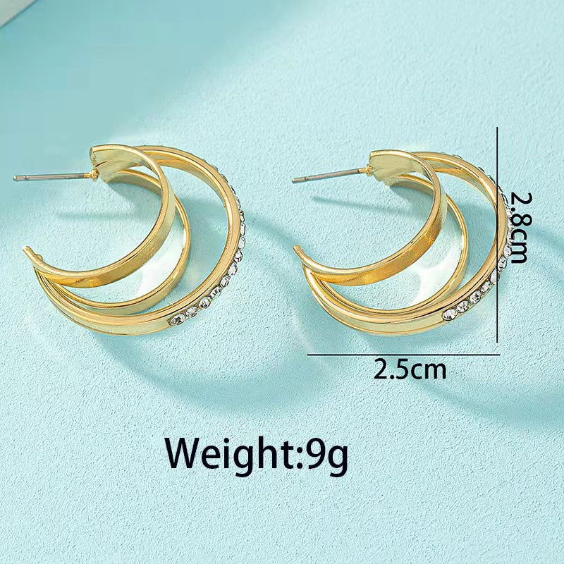Wholesale Metal Cool Style C-shaped Diamond Studded Retro Style Earrings