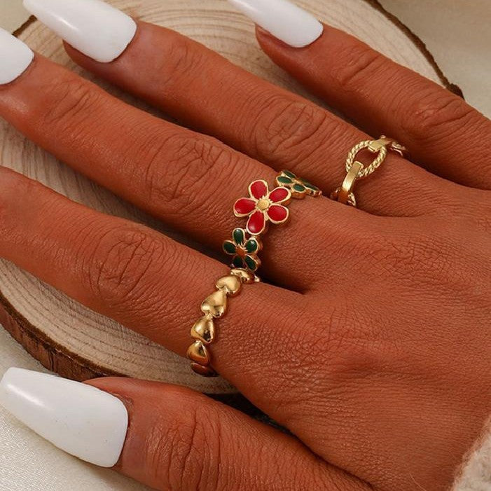 Wholesale Stainless steel enamel drip oil colored flower heart ring